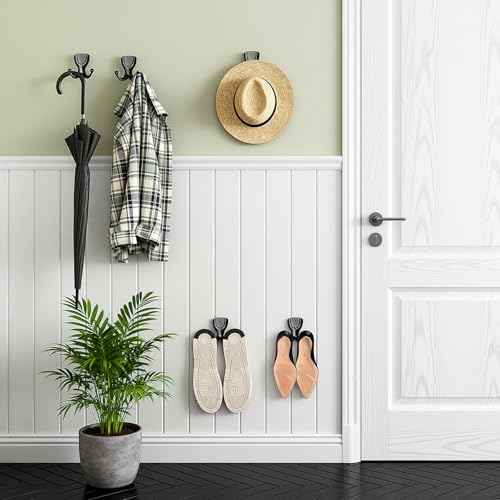 Coat Hooks Wall Hooks for Hanging, Metal Hooks Wall Mounted for Coat Heavy Duty Double Wall Hooks for Hanging Hat, Towel, Key, Robe, Coats, Scarf, Bag, Cap, Coffee Cup, Mugs (4, Black) - color: Black