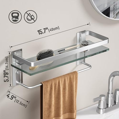 Bathroom Wall Shelf with Towel Bar, Clear Tempered Glass, Hand Towel Holder (Matte Silver) - color: Silver, size: Shelf with Towel Bar