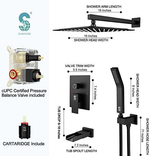 SR SUN RISE 16 Inch All Metal Square Shower System with Tub Spout, Tub Shower Faucet Set, High Pressure Rain Shower Head and Handheld Sprayer Shower Fixtues, Valve Included, Matte Black - color: Matte Black, size: 16 Inch
