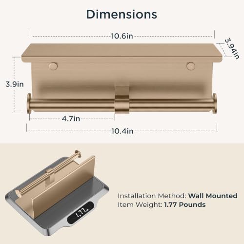 FORIOUS Toilet Paper Holder with Shelf, Commercial Toilet Paper Dispensers | Champagne Gold | Wall Mount Bathroom Tissue Holder | SUS304 Stainless Steel Rustproof | Double Tissue Roll Holder - color: Champagne Gold