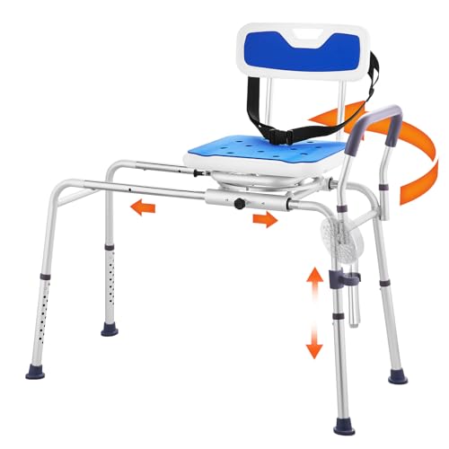 VEVOR Sliding Tub Transfer Bench with 360 Degree Swivel Seat, Height Adjustable Bathtub Transfer Bench with Armrest & Safety Belt, Non-Slip Rotating Shower Chair for Elderly Disabled, 400LBS Capacity