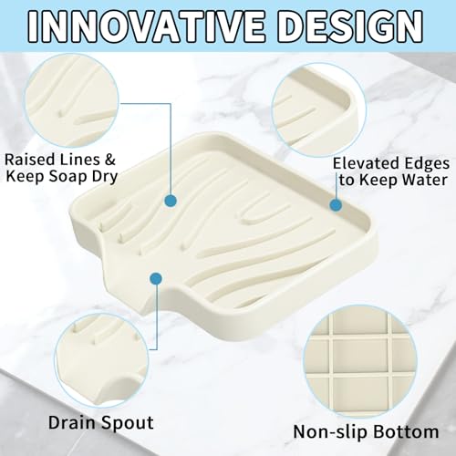 2 Pack Silicone Soap Dish with Drain, Self Draining Bar Soap Holder for Shower, Silicone Dish Soap Tray, Bathroom and Kitchen Sink Organizer, Beige - color: Beige