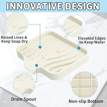 2 Pack Silicone Soap Dish with Drain, Self Draining Bar Soap Holder for Shower, Silicone Dish Soap Tray, Bathroom and Kitchen Sink Organizer, Beige - color: Beige