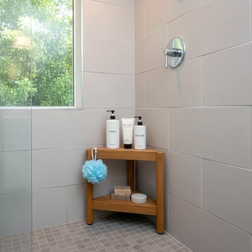 Asta Select Solid Teak Corner Shower Stool, Poratble Teak Wood Spa/Shower/Indoor/Outdoor Stool with Storage Shelf, Teak Wood Shower Corner Table, Teak Accent Table, Fully Assembled, ST-51