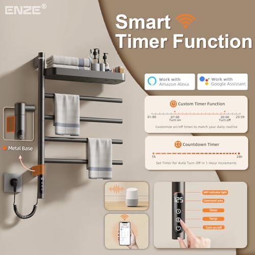 ENZE Smart Rotating Heated Towel Rack, 4-Bar, Gray | Wall-Mounted Electric Towel Warmer Rack, Swivel Shelf, Wi-Fi App Control, 24H Timer, Stainless Steel - color: Gray 17.72"x26.77"
