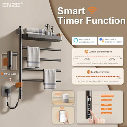 Smart Rotating Heated Towel Rack, 4-Bar, Gray | Wall-Mounted Electric Towel Warmer Rack, Swivel Shelf, Wi-Fi App Control, 24H Timer, Stainless Steel - color: Gray 17.72"x26.77"