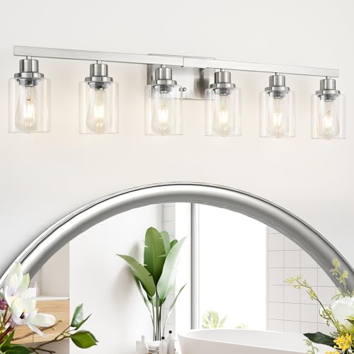 Bathroom Vanity Light, 6-Light Nickel Modern Matte Wall Sconce Lighting with Clear Glass Shade, Wall Lights,Bath Vintage Wall Mounted Lamps for Mirror Bedroom Living Room - color: Nickel, size: 6-light