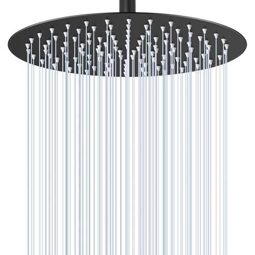12 inch Matte Black Rainfall Shower Head - All Metal Stainless Steel Full Body Round Rain Shower with 120 Silicone Nozzles - color: Matte Black, size: 12 Inch