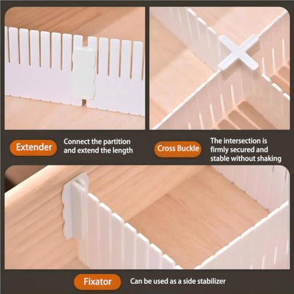 Adjustable Plastic Drawer Separators, 15 PCS Dividers + 25 Connectors, 14.96" Length x 4.33" Height, Cuttable Storage Organizer for Socks, Garments, Kitchen Tools, Bedroom & Bathroom Drawers - size: 14.96inch