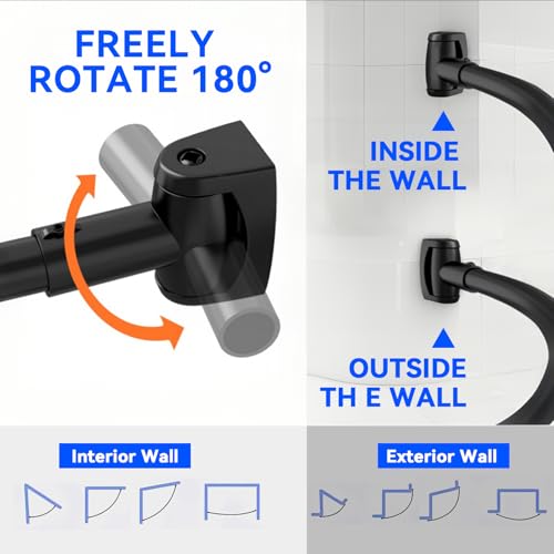 Black Curved Shower Curtain Rod Round Shower Rod Adjustable 33-78 In Stainless Steel Rustproof Bowed Shower Curtain Rods for Bathroom Bathtub Stall Rounded Curved Shower Rod Bar Need to Drill