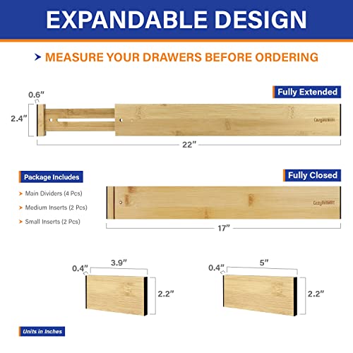 Adjustable Bamboo Drawer Dividers for Clothes, Kitchen Utensils, Office Desks, Bathroom Accessories, Socks and Underwear, and Personal Items, 4 Dividers with 4 Partitions