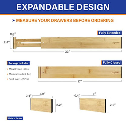 Adjustable Bamboo Drawer Dividers for Clothes, Kitchen Utensils, Office Desks, Bathroom Accessories, Socks and Underwear, and Personal Items, 4 Dividers with 4 Partitions