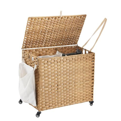 Laundry Hamper with Wheels, 34.3 Gallon(130L) Rolling Laundry Basket with Lid, Removable Large 2 Color Liners & 3 Mesh Laundry Bags, Clothes Hamper with Side Pocket, Natural - color: Natural, size: 23.62"L x 15.75"W x 21.65"H