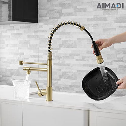 Brushed Gold Kitchen Faucet with Pull Down Sprayer, AIMADI Commercial Gold Kitchen Sink Faucet Single Handle Spring Two Nozzles Faucets - color: Brushed Gold, style: Contemporary