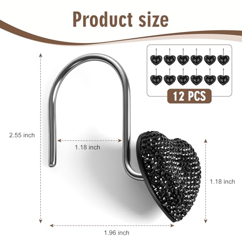 BBV Shower Curtain Hooks Rings for Valentine's Day, 12 Pcs Stainless Steel Glide Shower Hooks for Bathroom Shower Rods Curtains (Black Rhinestones) - color: Black Rhinestones
