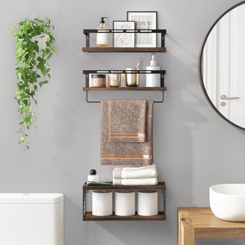 TOMNK 3+1 Tier Wall Mounted Bathroom Shelves Over Toilet, Rustic Wood Floating Shelves with Metal Frame and Towel Bar for Bathroom, Kitchen, Bedroom, Living Room (Dark Brown)