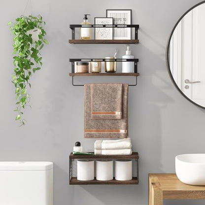 TOMNK 3+1 Tier Wall Mounted Bathroom Shelves Over Toilet, Rustic Wood Floating Shelves with Metal Frame and Towel Bar for Bathroom, Kitchen, Bedroom, Living Room (Dark Brown)