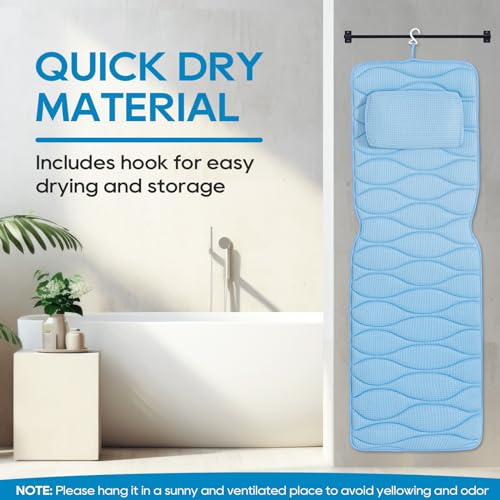 OMYSTYLE Full Body Bath Pillow, Bath Pillows for tub with Mesh Washing Bag & 21 Non-Slip Suction Cups, Spa Bathtub for Head Neck Shoulder and Back Support - 5D Air Mesh & Quick Drying | Blue - color: Blue