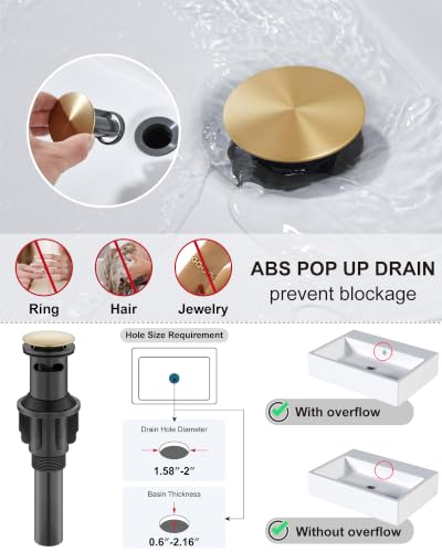 Midanya Waterfall Bathroom Faucet 1 Hole,Gold | with 24” Hoses,Pop Up Drain,6” Deck Plate,for 1 or 3 Hole Vanity,Lavatory,RV,Single Handle Bathroom Sink Faucet,NSF Certified - color: Gold