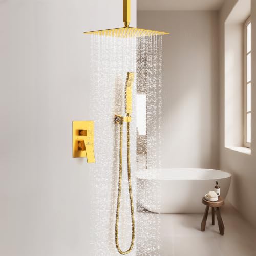 SunCleanse Rainfall Shower System with High Pressure in Brushed Gold | Ceiling mounted shower combo set featuring a 12" square rain head, handheld spray, and rough-in mixer valve with trim. - color: Brushed Gold, style: 12-ceiling