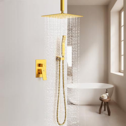 SunCleanse Rainfall Shower System with High Pressure in Brushed Gold | Ceiling mounted shower combo set featuring a 12" square rain head, handheld spray, and rough-in mixer valve with trim. - color: Brushed Gold, style: 12-ceiling