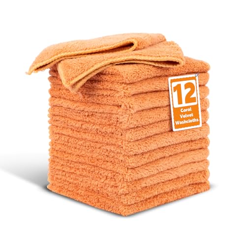 TEAWOO Coral Velvet Orange Washcloths 12 Pack, Highly Absorbent and Soft | Face Towel, Multi-Purpose White Bath Towels for Bathroom, Hotel, Spa, Gym and Kitchen - color: Orange, size: 12 PACK