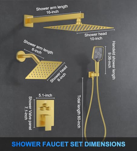 Woindo Shower Faucet Set, 10" Wall Mount Rainfall Shower System with 2 Rain Shower Head and Multi-function Handheld Head Push Button Diverter Shower Faucet Trim Kit - color: Brushed Gold, style: 10"-Wall-01