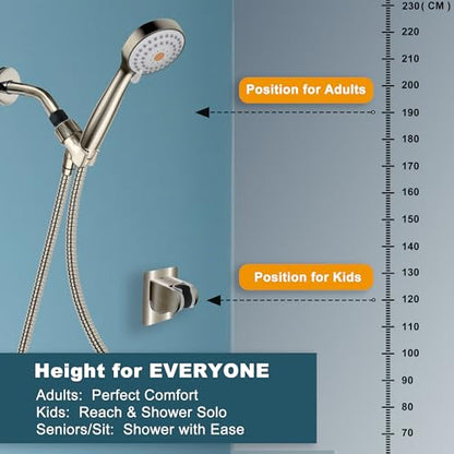 HO2ME Wall Mount Shower Bracket, No Drilling, 2-Pack, Brushed Nickel | Self-Adhesive, Wide-Angle Swivel, Fits Any Shower Space, for Handheld Shower Head, Waterproof, Just Peel-and-Stick