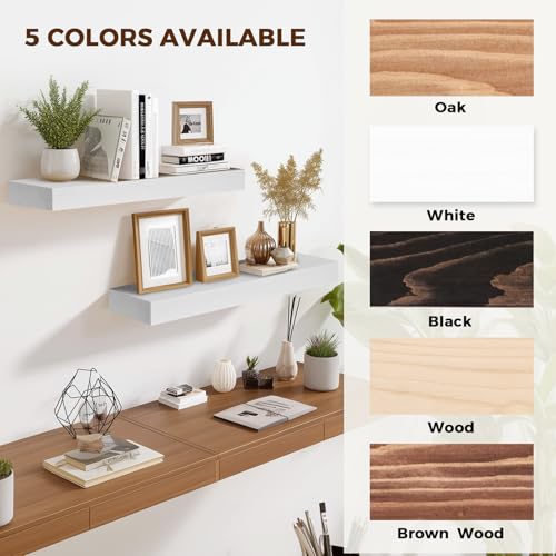 Solid Wood Floating Shelves, 17 Inch Wall Shelves, Set of 2, White | 8 Inch Deep, 1.6 Inch Thick, Extra-Wide Display Space, Mounting Hardware Included, For Kitchen, Bathroom and Living Room - color: White, size: 17x8x1.6