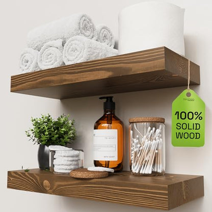 Solid Wood Floating Shelves for Wall 16 Inch Walnut, Wooden Bathroom Shelf | Real Wood, Wall Mounted, Rustic Farmhouse, Bedroom Kitchen Living Room, Walnut Finish, 16W x 6,7D, Set of 2 - color: Walnut, size: 16 Inch