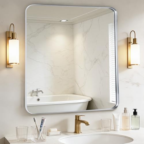 Fabuday Bathroom Mirror with Silver Frame - 30x30 Inch Over Sink Rectangle Mirror for Bathroom, Wall Mounted Chrome Mirrors for Vanity, Farmhouse Decor, Matte Finish, Horizontal or Vertical Hanging - color: Silver, size: 30"L x 30"W