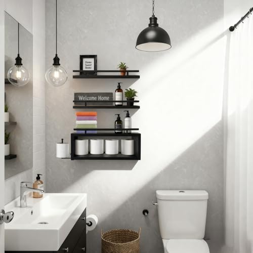 Wooden Floating Shelves with Paper Towel Holder for Bathroom Wall Storage | Bathroom Wall Shelf with Metal Rail, Wall Mount with Hardware, Over-The-Toilet Space Saver, Bedroom Kitchen Living Room Decor