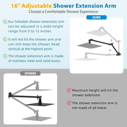 All-Metal 16" Shower Head Extension Arm, G1/2" Universal, Oil-Rubbed Bronze | Flexible Brass Shower Head Extender Adjustable Height/Angle, Stainless Steel Rain Shower Pipe Height Extended with Lock Joint - color: Oil Rubbed Bronze, size: 16 Inch
