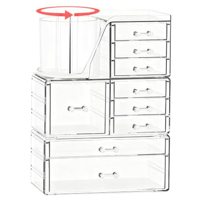 ShineMe Clear Makeup Organizer with 9 Drawers, 3 Tier Stackable Makeup Storage Organizer with Rotating Brush Holder, Acrylic Countertop Makeup Organizer for Vanity Skincare Jewelry Hair Accessories - size: 3 tires, 9 drawers