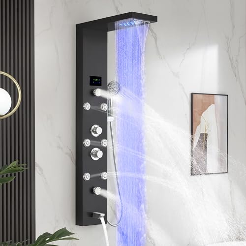 DELAVIN LED Stainless Steel Shower Tower, 5-Function Shower Panel Tower | Temperature Display, with Rainfall Waterfall Shower Head, Massage Body Jets, Tub Spout, Handheld Shower, Brushed Black - color: Brushed Black, style: 8 Body Jets With LED
