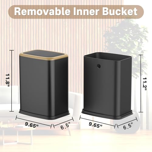 2.1 Gallon Slim Bathroom Trash Can with Swing Lid, 8L Stainless Steel Bathroom Garbage Can with Removable Inner Bucket for Narrow Spaces, Toilet Side, Bathroom, Bedroom - color: Black and Gold
