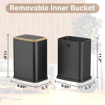 2.1 Gallon Slim Bathroom Trash Can with Swing Lid, 8L Stainless Steel Bathroom Garbage Can with Removable Inner Bucket for Narrow Spaces, Toilet Side, Bathroom, Bedroom - color: Black and Gold