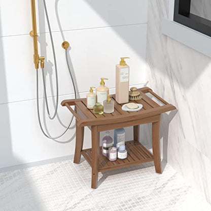 Bamboo Shower Stool Bench Waterproof with Storage Shelf for Shaving Legs or Spa Bath Seat in Bathroom & Inside Shower for Adults Seniors Elderly (24 x 13.4 x 18.5 inches+Walnut) - size: 24 x 13.4 x 18.5 inches+Walnut