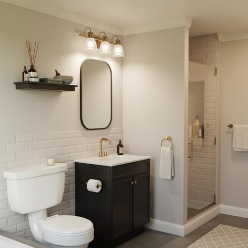 Globe Electric 4-Piece All-in-One Bathroom Set, Matte Brass, 3-Light Vanity Light with Frosted Opal Glass Shades, Towel Bar, Toilet Paper Holder, Towel Ring - color: Matte Brass, Frosted Opal Glass