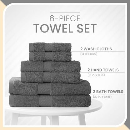 Martex 6-Piece 100% Ringspun Cotton Towel Set, Dark Grey | Quick Dry, Super Absorbent & Soft, Lightweight, 2 Bath, 2 Hand, 2 Wash Cloths - color: Dark Grey