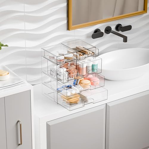 Clear Stackable Storage Drawers - Set of 6 - Acrylic Drawers,Bathroom Organizer Bin and Plastic Makeup Organizer,Clear Stacking Brightroom Storage Boxes for Vanity,Cabinet,Pantry Organization - style: 6 PACK（3 Size）