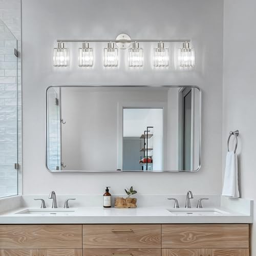 6 Light Bathroom Light Fixtures, Modern Crystal Vanity Lights over Mirror | Metal Frame, Bathroom Light with Square Crystal Shade, ETL Certified, E26 Ceramic Socket, Bulbs Not Included - color: Brushed Nickel, size: 6-Light