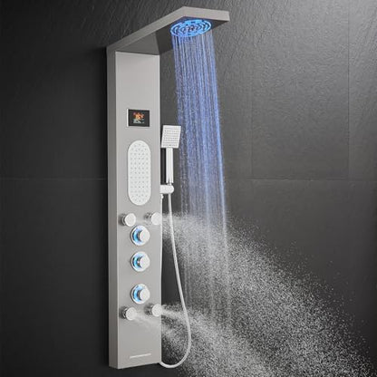 ROVOGO Shower Panel Tower With Hydroelectric LED Lights & Digital Display | Rain Mist Shower Head, Handheld, 2-Type Body Jets, Tub Spout, 50 Inch Shower Column Stainless Steel W/ Brass Valves, Brushed - style: 2-Type Jets Brushed