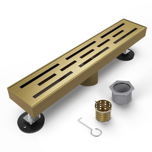 18 Inch Brushed Titanium Gold Linear Shower Drain, with Brick Pattern Grate | 304 Stainless Steel Shower Drain, Rectangle Shower Floor Drain, with Adjustable Feet, for Bathroom, Remodel Shower,Tile Floor - color: Brushed Titanium Gold, size: 18 inch