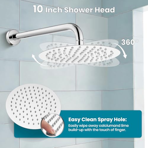 gotonovo High Pressure Shower System Valve and Trim Kit,Polish Chrome | Round Rain 10 Inch Shower Head with Handheld Faucet Set Complete,Rough In Valve,2-in-1 Diverter,All Metal,Bathroom Wall Mount - color: Chrome