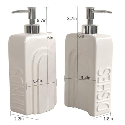 Ceramic Dish and Hand Soap Dispenser Set, 2 Pack with Stainless Steel Pump | Refillable bottles with an included funnel for easy refills and daily use, adding a stylish touch to kitchens and bathrooms. - color: Matte White, Silver Pump