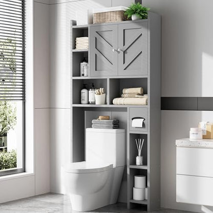 Over the Toilet Storage Cabinet, Freestanding Farmhouse Storage Cabinet Over Toilet, Bathroom Organizer with Paper Holder Stand and Adjustable Shelf, Grey - color: Light Grey