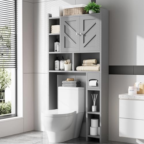 Over the Toilet Storage Cabinet, Freestanding Farmhouse Storage Cabinet Over Toilet, Bathroom Organizer with Paper Holder Stand and Adjustable Shelf, Grey - color: Light Grey