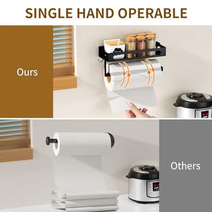 Wall Mount Paper Towel Holder with Shelf, Self Adhesive or Drill, Black | Easy One-handed Operation Design, Metal Hand Paper Towel Holder for bathroom, Kitchen, RV Paper Roll Holder Rack with 2 Hooks - color: Black