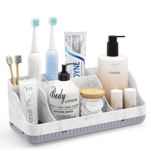 Bathroom Counter Organizer and Storage with 2 Pack Qtip Holder Dispenser, 7 Slots Detachable Toothbrush Holders for Bathrooms, Anti-Slip Electric Toothbrush and Toothpaste Holder Countertop - color: Marble